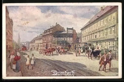 Künstler-AK Wien-Dornbach, Strassenpartie mit Hotel Kaiserin v. Oesterreich und Strassenbahn