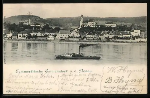 AK Emmersdorf a. d. Donau, Ortsansicht mit Kirche, im Vordergrund Schleppdampfer