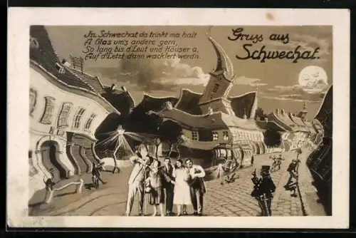 AK Schwechat, Ortsansicht aus der Sicht eines Betrunkenen