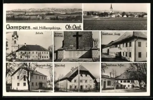 AK Gampern, Panorama, Schule, Gasthaus Gugg & Gasthaus Kofler