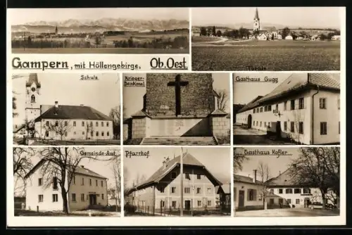 AK Gampern, Panorama, Schule, Gasthaus Gugg & Gasthaus Kofler