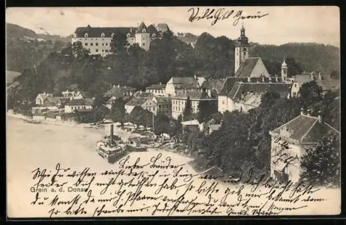 AK Grein a. d. Donau, Ortsansicht mit Donaupartie