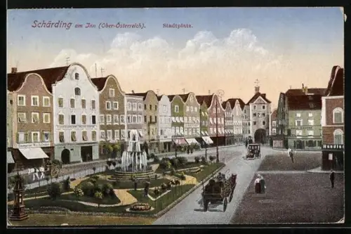 AK Schärding, Stadtplatz mit Kutsche und Anlage
