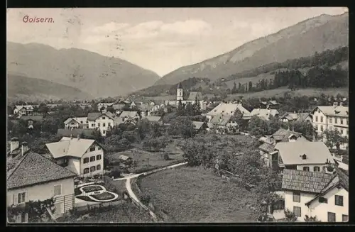 AK Goisern, Ortsansicht mit Kirche und Bergblick