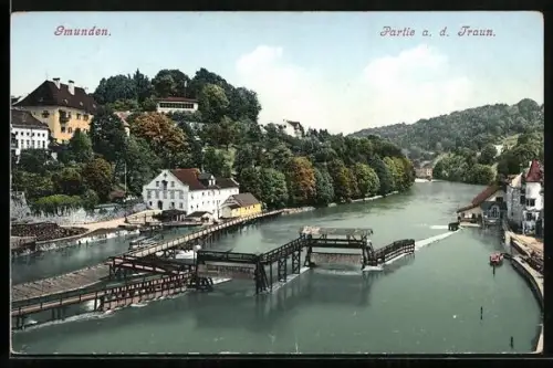 AK Gmunden, Partie a. d. Traun aus der Vogelschau