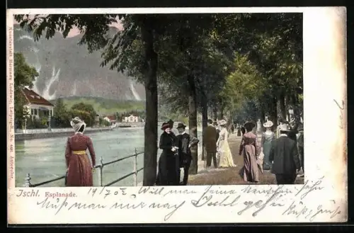 AK Bad Ischl, Esplanade mit Wasserfall im Hintergrund