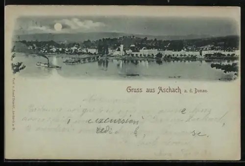 Mondschein-AK Aschach a. d. Donau, Donaupartie mit Dampfer im Vollmondlicht
