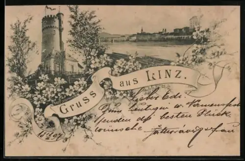 AK Linz, Franz Josefswarte, Flusspartie mit Blick auf den Ort