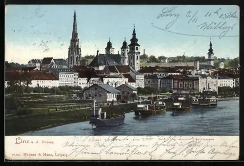 AK Linz a. D., Donaupartie mit Dom und Wallfahrtskirche