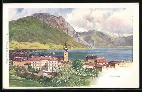 Lithographie Gmunden, Teilansicht mit Bergen
