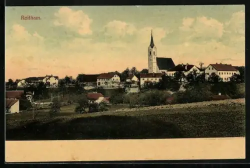 AK Roitham, Ortspanorama mit Kirche