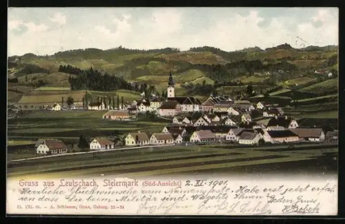 AK Leutschach /Steiermark, Süd-Ansicht mit Kirche