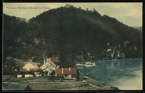 AK Neuhaus-Untermühl a. d. Donau, Panorama mit Dampfer