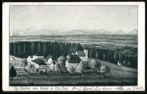 Künstler-AK St. Stefan am Wald, Blick auf die Ortschaft mit der Kirche gegen die Berge