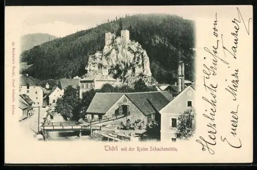 AK Thörl bei Aflenz, Ortspartie mit der Ruine Schachenstein