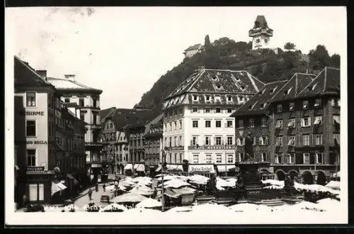 AK Graz, Ortspartie mit Cafe Nordstern, Blick auf den Uhrturm