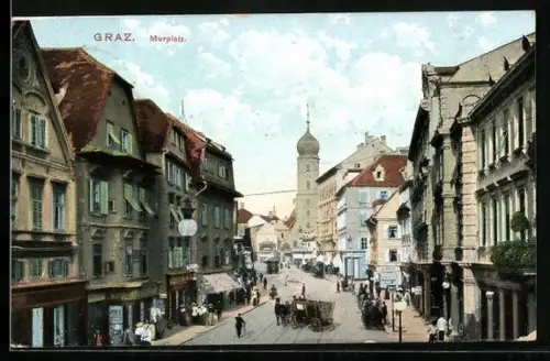 AK Graz, Murplatz mit Passanten