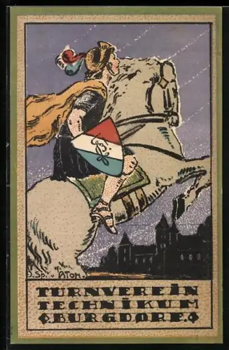 Künstler-AK Burgdorf, Student mit Wappen-Schild auf einem Pferd, Turnverein Technikum