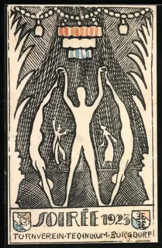 Künstler-AK Burgdorf, Soiree Turnverein Technikum Burgdorf 1923, Turner bei der Veranstaltung, Studentenwappen