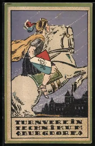 Künstler-AK Burgdorf, Turnverein Technikum Burgdorf, Student als Reiter mit Studentenwappen