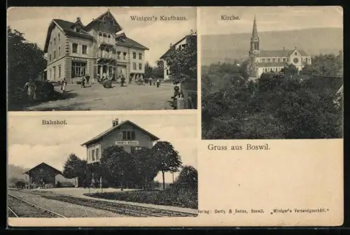 AK Boswil, Winiger`s Kaufhaus, Bahnhof, Kirche