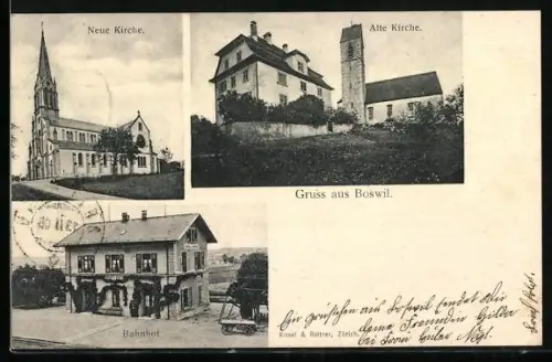 AK Boswil, Bahnhof, Neue Kirche, Alte Kirche