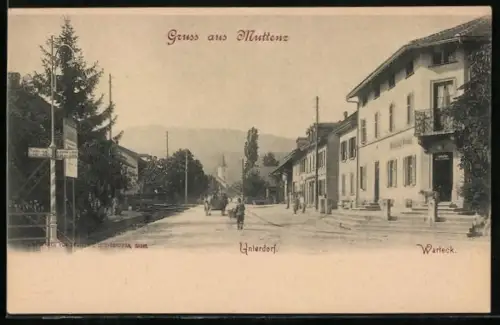 AK Muttenz, Unterdorf, Gasthaus Warteck mit Blick zur Kirche