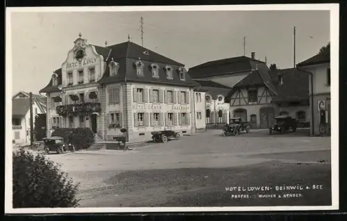 AK Beinwil a. See, Hotel Löwen, Proprs. Bucher & Stäger, parkende Autos