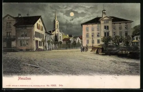 AK Menziken, Strassenpartie mit Buchdruckerei im Mondschein