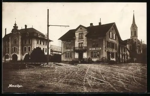 AK Menziken, Gasthaus zur Waage und Zucker-Bäckerei mit Kirche