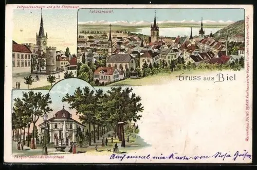 Lithographie Biel, Zeitglockenturm u. alte Stadtmauer, Pasquartallee u. Museum Schwab, Totalansicht des Ortes