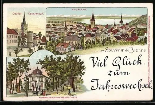 Lithographie Bienne, Promenade du Pasquart et Musée Schwab, Clocher, Vieux rempart, Vue générale