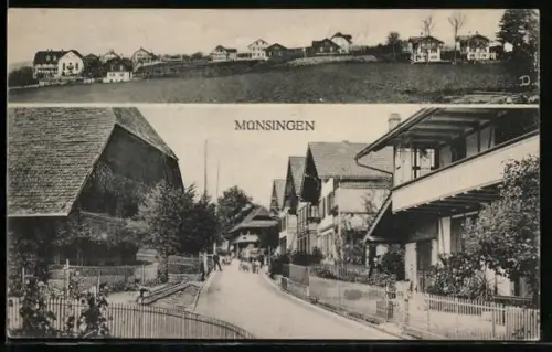 AK Münsingen, Ortspanorama und Strassenpartie