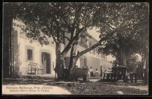 AK Orvin, Pension Bellevue mit Gästen