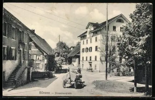 AK Bünzen, Partie am Hirschenplatz, mit Wagen