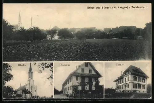 AK Bünzen /Aargau, Konsum-Laden, Kirche, Schule und Gesamtansicht