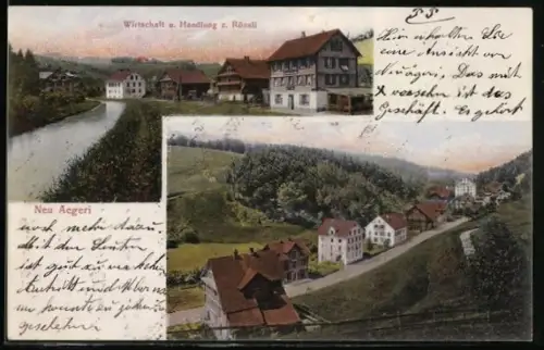 AK Neu Aegeri, Gasthof und Handlung zum Rössli, Strassenpartie aus der Vogelschau