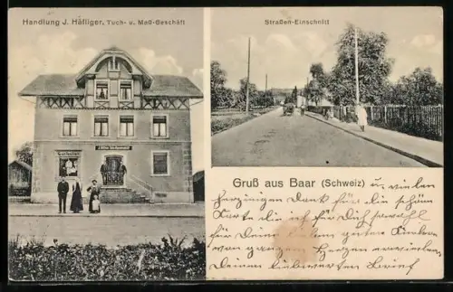 AK Baar /ZG, Tuch- und Mass-Geschäft J. Häfliger, Strassenpartie