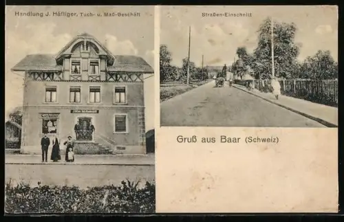 AK Baar /ZG, Tuch- und Mass-Geschäft J. Häfliger, Ortspartie