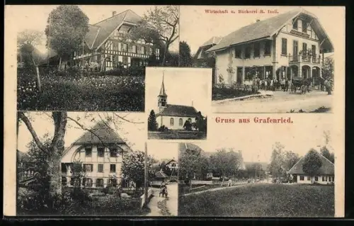 AK Grafenried, Gasthaus und Bäckerei R. Iseli, Ortsansichten und Kirche