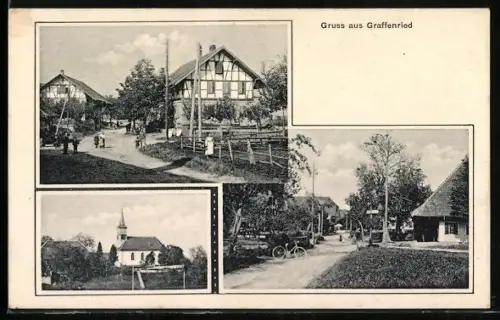 AK Grafenried /BE, Blick zur Kirche, Strassenpartie mit Fachwerkhäusern