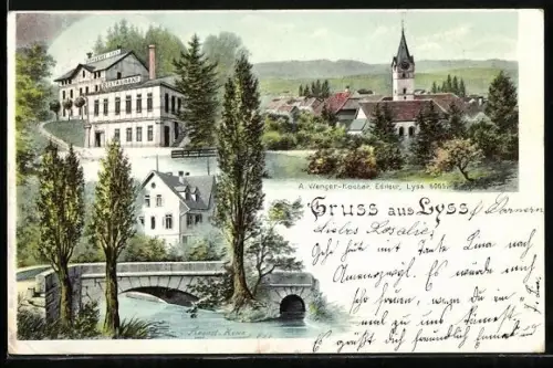 Künstler-Lithographie August Kunz: Lyss, Brauerei und Restaurant