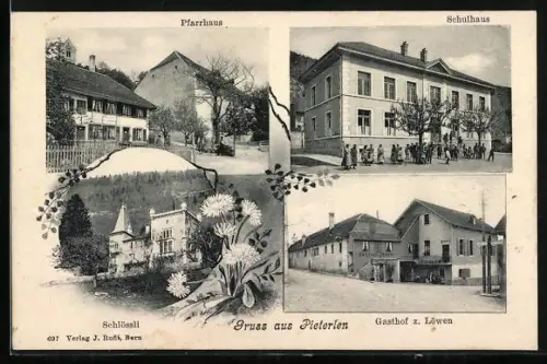 AK Pieterlen, Gasthof zum Löwen, Schlössli, Schulhaus und Pfarrhaus