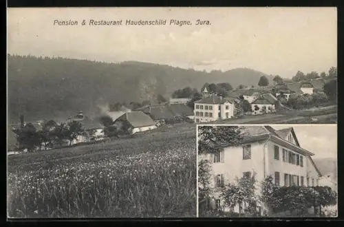 AK Plagne /Bern, Hotel und Restaurant Haudenschild, Ortsansicht aus der Vogelschau