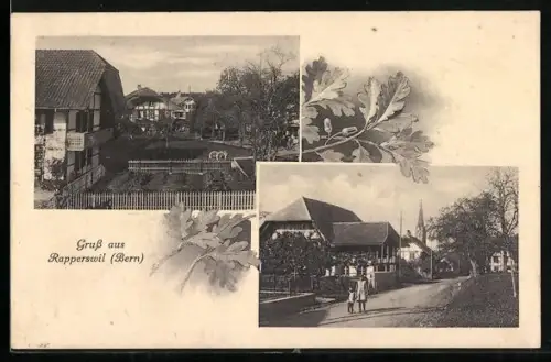 AK Rapperswil /Bern, Ortspartie, Strassenpartie mit Blick zur Kirche