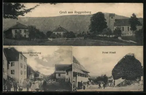 AK Roggenburg, Hotel Rössli, Spezereihandlung Rietschi, Panorama mit Kirche