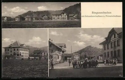 AK Rüegsauschachen, Sekundarschulhaus u. Primarschulhaus, Strassenpartie