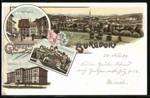 Lithographie Burgdorf, Technikum, Schloss, Partie in der Hohengasse