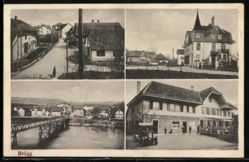 AK Brügg, Spezereihandlung, Flusspartie mit Brücke, Ortspartie