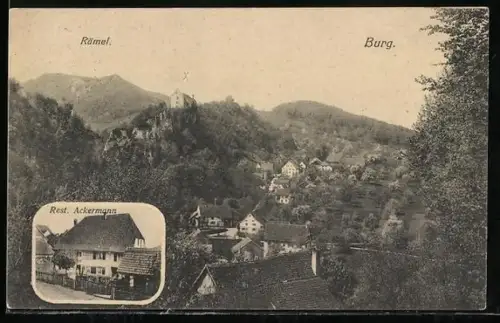 AK Burg im Leimental, Restaurant Ackermann, Ortsansicht mit Rämel